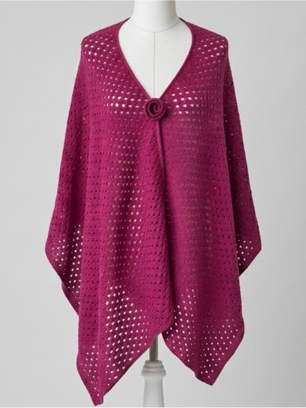Vintage Poncho Shawl Open Knit Magenta One Size USA Y2K Lagenlook Layering Boho